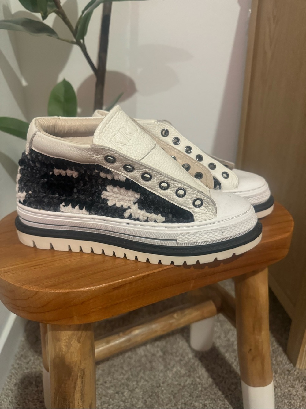 Women's White and Black Slip-On Crochet Panel Platform Sneakers